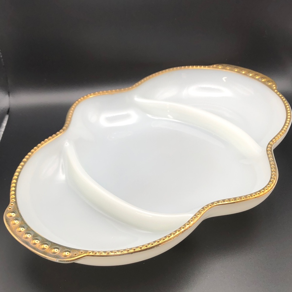 Ankor Hocking Fire King Ware Divided Dish White and Gold Trim Made in USA